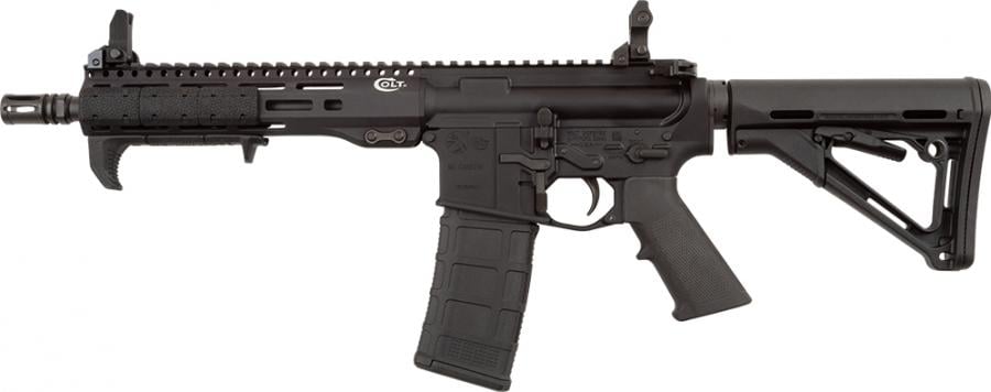 Colt black semi-automatic rifle with adjustable stock and accessory rails displayed on white background.