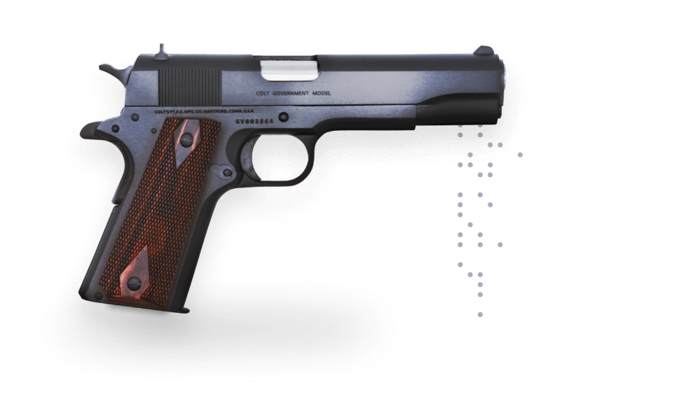 Colt Government Model handgun with a dotted map of the United States in the background