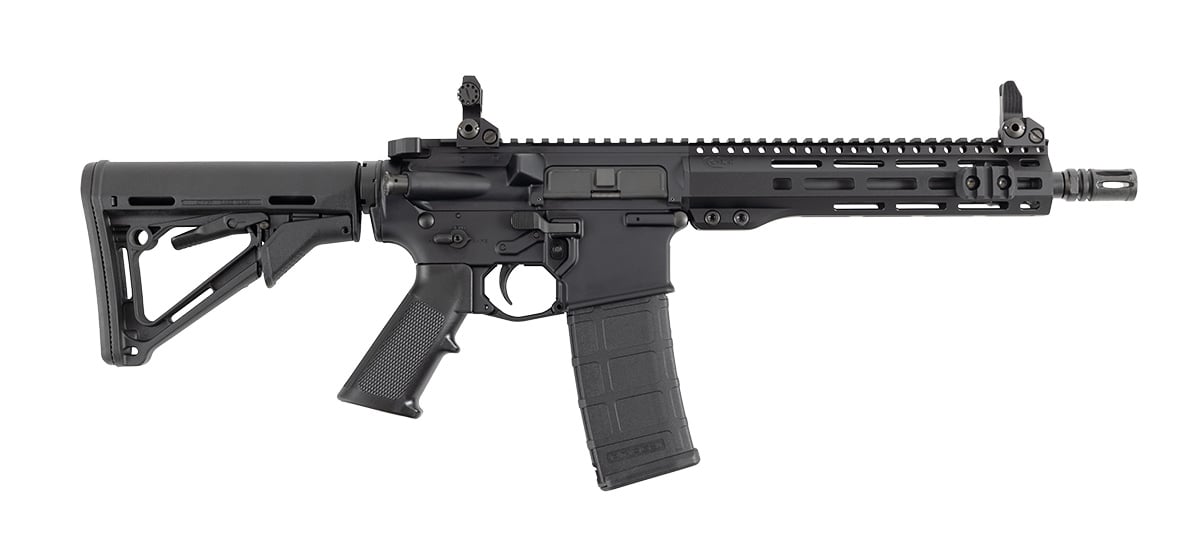 Side view of a Colt semi-automatic rifle with black stock and rail system.