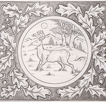 Germanic engraving style with designs made of flowing, leafy forms and deer.