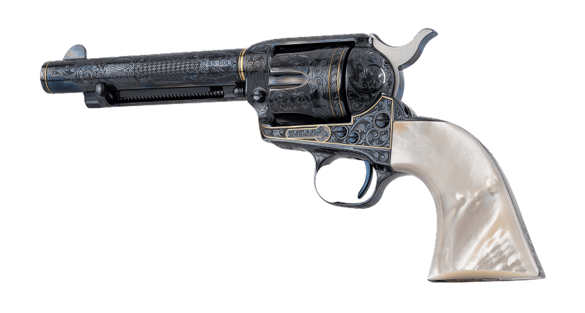 Engraved Single Action Army with a light-colored grip, shown in profile against a white background.